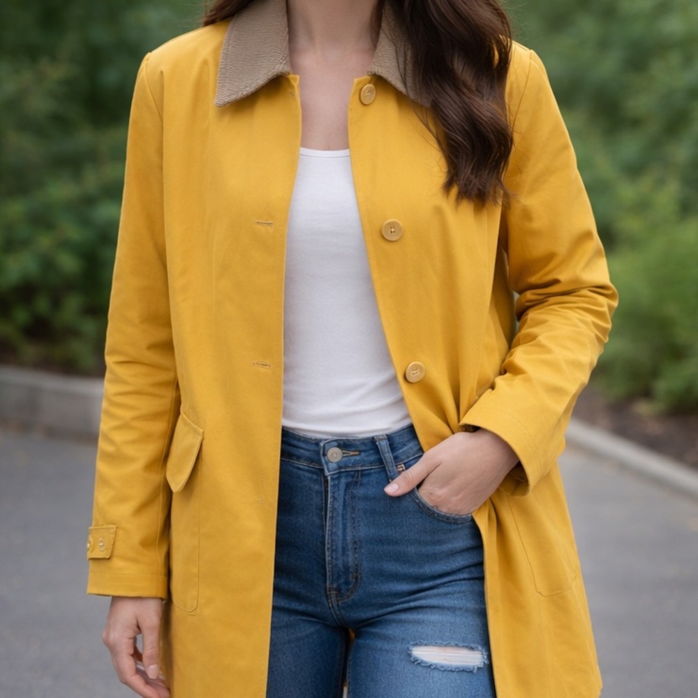 Isaac Mizrahi Mustard Yellow Trench Coat with Tan Collar